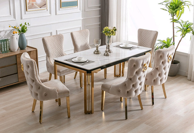 7pc Ceramic Marble Top With Stainless Gold Legs Set