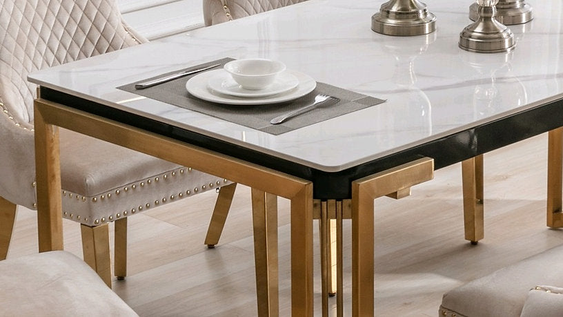 7pc Ceramic Marble Top With Stainless Gold Legs Set