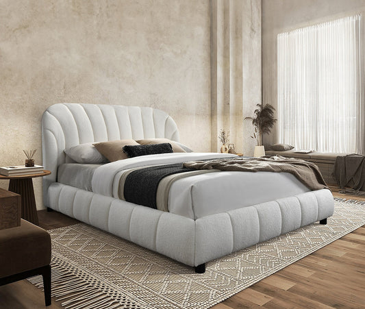 5925 Beige Bed, Boucle-Style Fabric for a Soft, Textured Feel, Elegant Arched Headboard